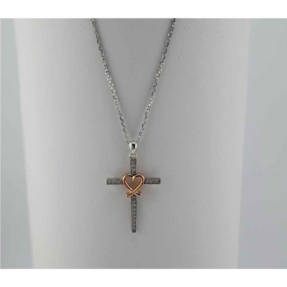 Rose Gold Plated Sterling Silver Heart Cross CZ Pendant Necklace 18"